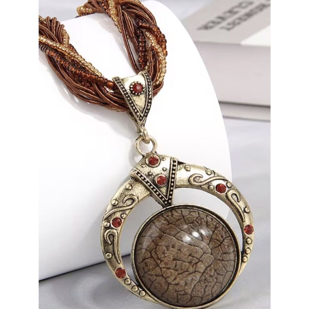 Bohemian Brown Marbled Stone Necklace Multilayer Cord & Beads Statement Jewelry